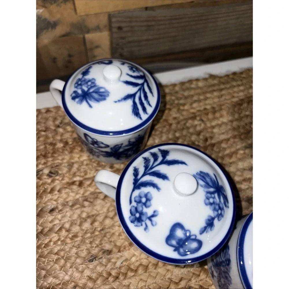 4 Williams Sonoma Flow Blue White Floral Coffee Tea Cup Mug Lids Dishwasher Safe